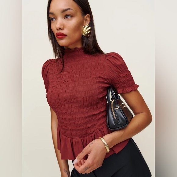 NEW Reformation Aggie Short Sleeve Top Rubies Dark Red Smocked Top | size XS - Picture 4 of 11